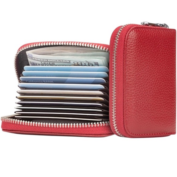 Red RFID Zipper Credit Card Wallet Compact Case Organizer - Picture 2 of 11